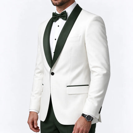 Sweetearing Men's White Tuxedo Blazer with Forest Green Shawl Lapel – Single-Button Jacket for Weddings & Proms