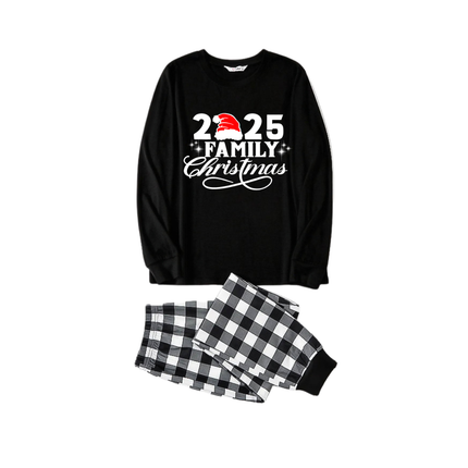 "2025 Family Christmas" Letter Print Black Long Sleeve Top with Black And White Plaid Pants Family Matching Pajamas
