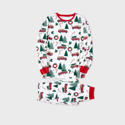Matching Christmas Family Pajama with Allover Xmas Tree Car Print Long-sleeve Family Matching Pajamas