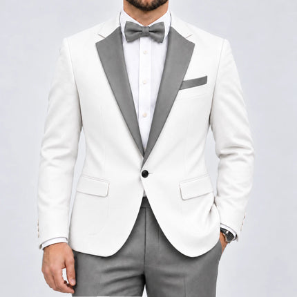 Sweetearing Men’s White Tuxedo Blazer with Silver Grey Notch Lapels for Wedding & Prom