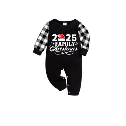 "2025 Family Christmas" Letter Print Black Long Sleeve Top with Black And White Plaid Pants Family Matching Pajamas
