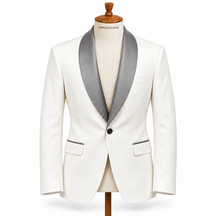 Sweetearing Men's White Tuxedo Blazer with Grey Shawl Lapel – Single-Button Jacket for Weddings & Proms