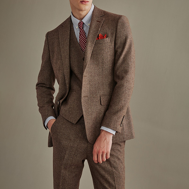 3 Pieces Herringbone Tweed Suit Fashion 3 Piece Mens Suit with