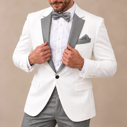 Sweetearing Men’s White Tuxedo Blazer with Silver Grey Notch Lapels for Wedding & Prom