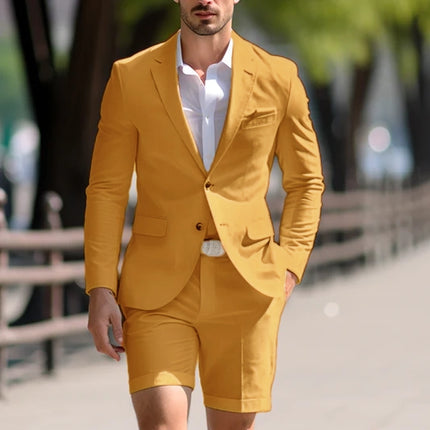 Stylish 2 Piece Men's Suit Formal Summer Tuxedo Set with Short Pants for Wedding