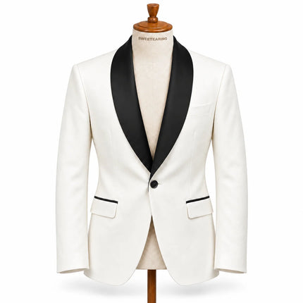 Sweetearing Men's White Tuxedo Blazer with Black Shawl Lapel – Single-Button Jacket for Weddings & Proms