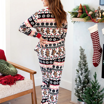 Christmas Matching Family Fleece Pajamas Set Gingerbread and Snowflake Print PJS with Christmas Socks Red