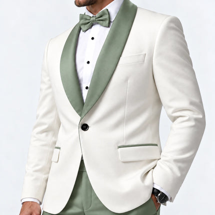 Sweetearing Men's White Tuxedo Blazer with Sage Green Shawl Lapel – Single-Button Jacket for Weddings & Proms