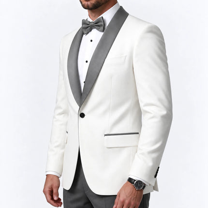 Sweetearing Men's White Tuxedo Blazer with Grey Shawl Lapel – Single-Button Jacket for Weddings & Proms