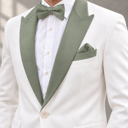 Sweetearing Men's White Tuxedo Jacket with Sage Green Peaked Lapel for Weddings & Prom