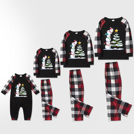 Red and Gray Plaid Christmas Pajamas Set with Snowman & Christmas Tree Print