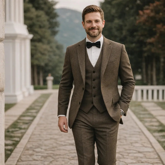 Sweetearing Tweed Suit Men's Vintage Classic Wedding Tuxedos