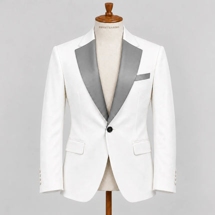 Sweetearing Men’s White Tuxedo Blazer with Silver Grey Notch Lapels for Wedding & Prom