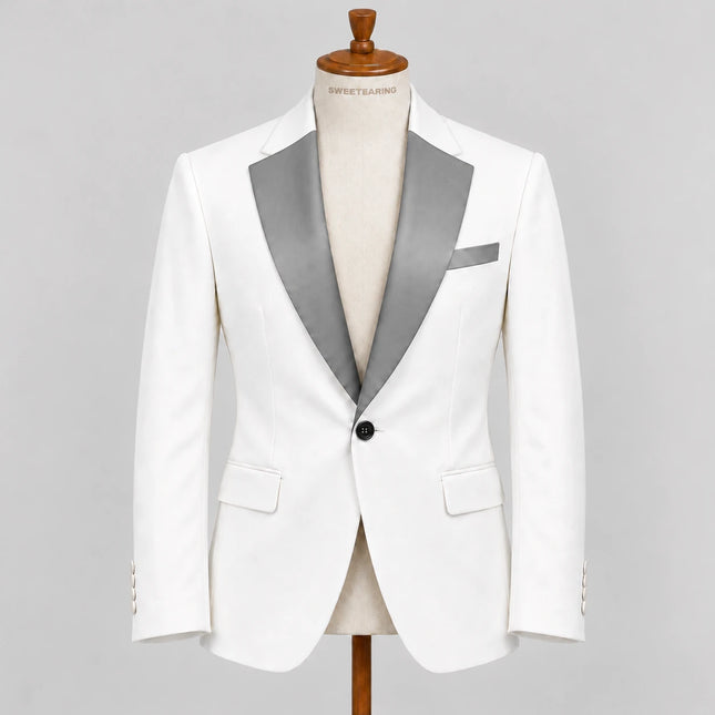 Sweetearing Men’s White Tuxedo Blazer with Silver Grey Notch Lapels for Wedding & Prom