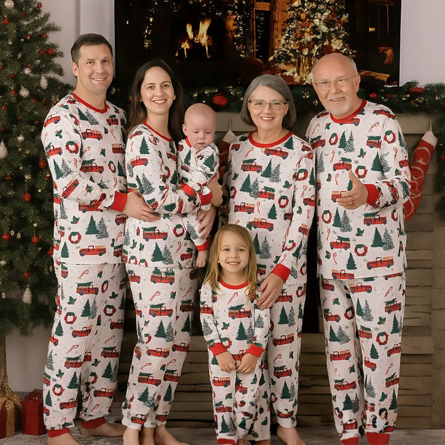 Matching Christmas Family Pajama with Allover Xmas Tree Car Print Long-sleeve Family Matching Pajamas