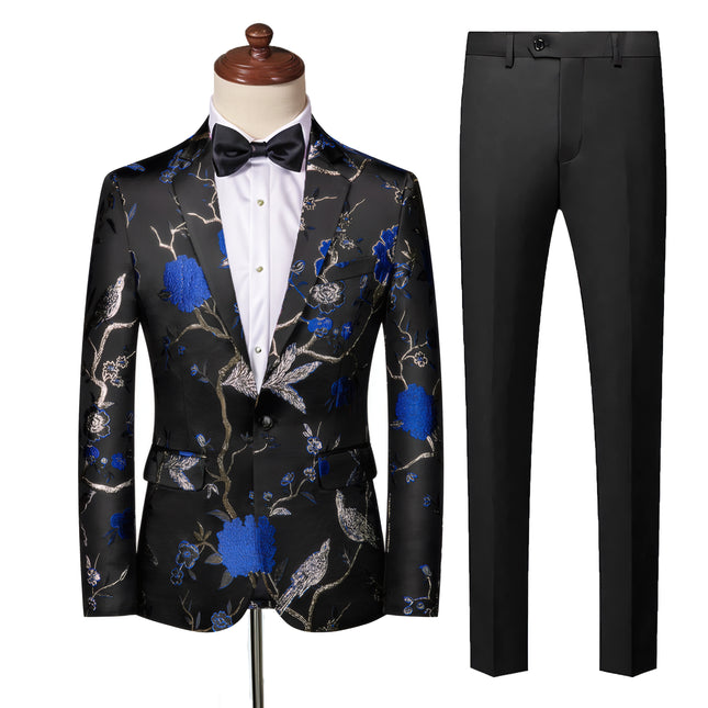 Men's 2-Piece Large Collar Unique Blue Bird Embroidery Suit
