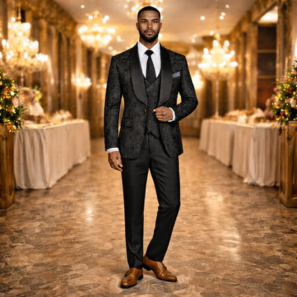 3-Piece Suit Men's Vintage Gold Damask Jacquard Suit for Prom Party Wedding