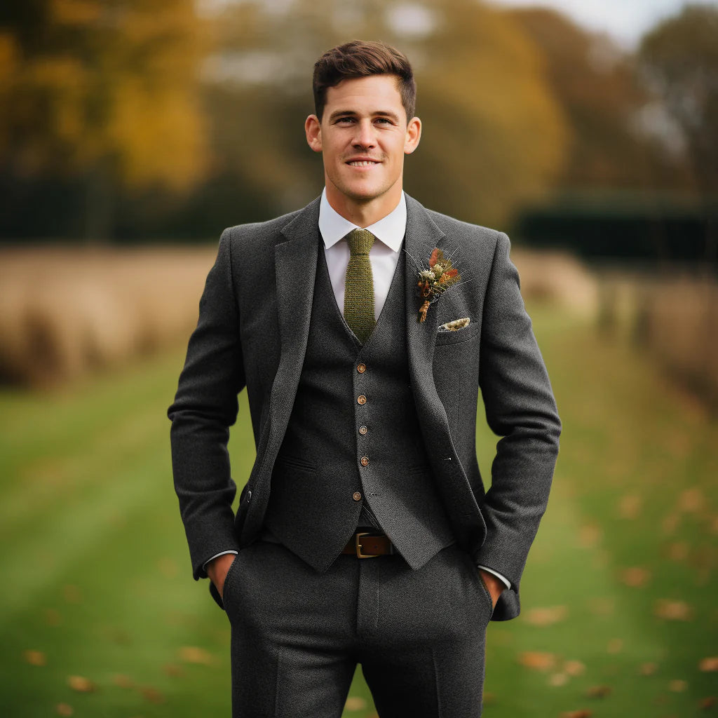Sweetearing Men s Casual 3 Pieces Mens Suit Classic Tweed Notch