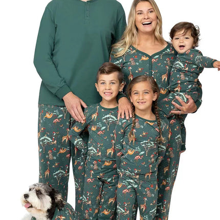 Matching Christmas Family Pajamas Set Green Animal Pattern Print Pajamas