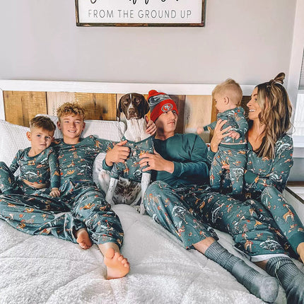 Matching Christmas Family Pajamas Set Green Animal Pattern Print Pajamas