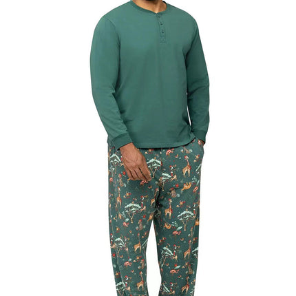 Matching Christmas Family Pajamas Set Green Animal Pattern Print Pajamas