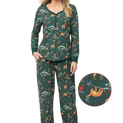 Matching Christmas Family Pajamas Set Green Animal Pattern Print Pajamas