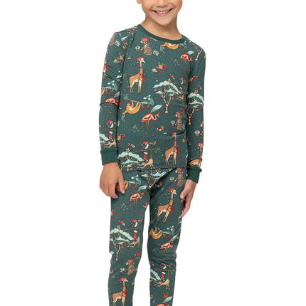 Matching Christmas Family Pajamas Set Green Animal Pattern Print Pajamas