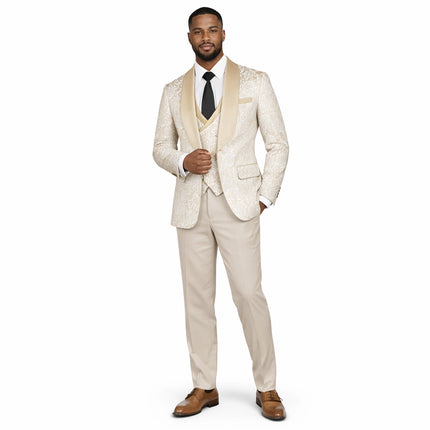 3-Piece Suit Men's Vintage Gold Damask Jacquard Suit for Prom Party Wedding