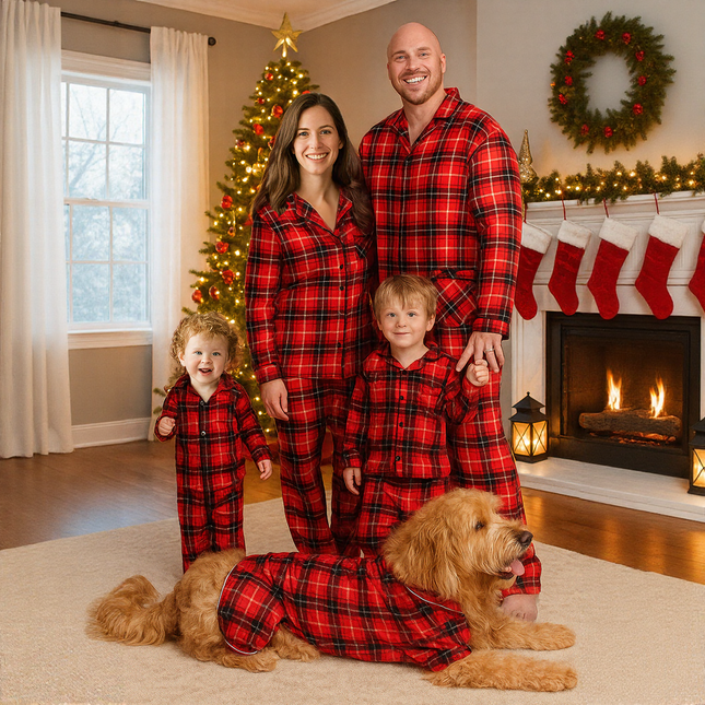 Matching Christmas Family Pajamas Red and White Plaid Up Long-sleeve Pajamas Sets