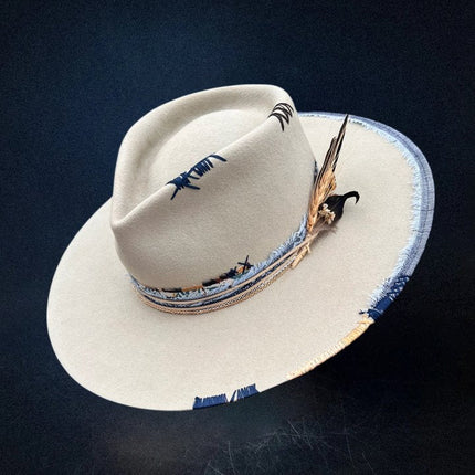 City Slicker Fedora in Beige with Feather Blue Patchwork And Band