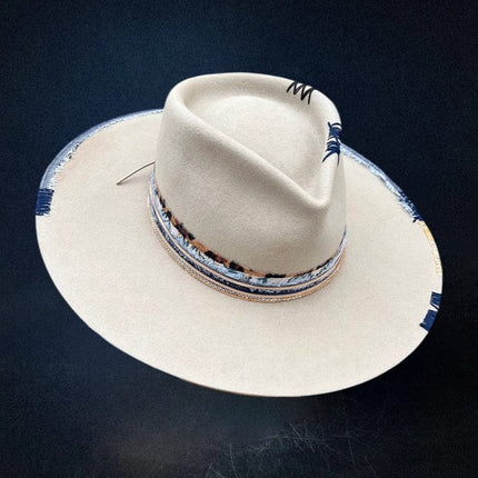 City Slicker Fedora in Beige with Feather Blue Patchwork And Band