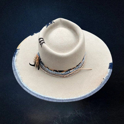 City Slicker Fedora in Beige with Feather Blue Patchwork And Band