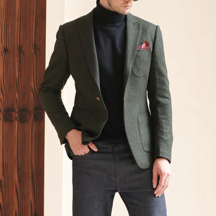 Men's Vintage Herringbone Tweed Notch Lapel Blazer Jacket
