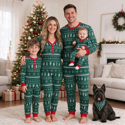 Green Tree and Snowflake Matching Family Christmas Pajamas-Dog clothes Included