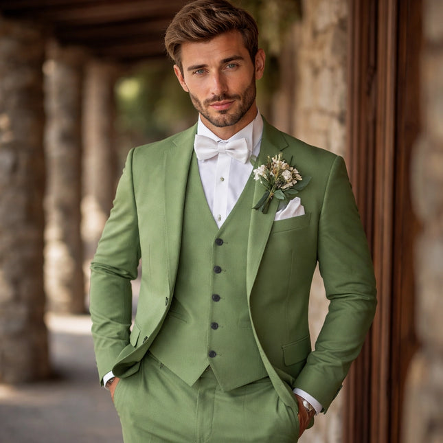Men's Wedding Suits Sage Summer Fashion Formal Solid Colored Standard Fit 3 Piece Single Breasted Two-buttons
