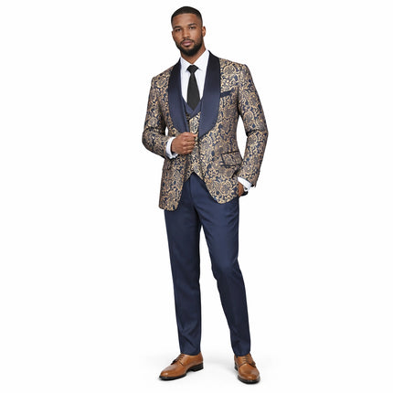 3-Piece Suit Men's Vintage Gold Damask Jacquard Suit for Prom Party Wedding