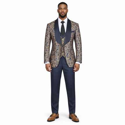 3-Piece Suit Men's Vintage Gold Damask Jacquard Suit for Prom Party Wedding