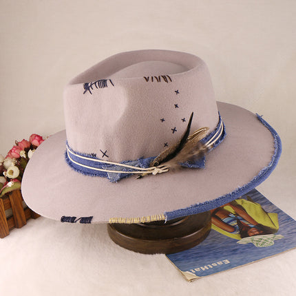 City Slicker Fedora in Beige with Feather Blue Patchwork And Band