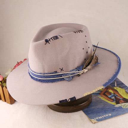 City Slicker Fedora in Beige with Feather Blue Patchwork And Band