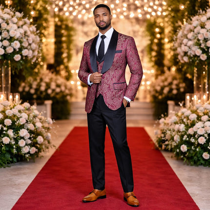 3-Piece Suit Men's Vintage Gold Damask Jacquard Suit for Prom Party Wedding