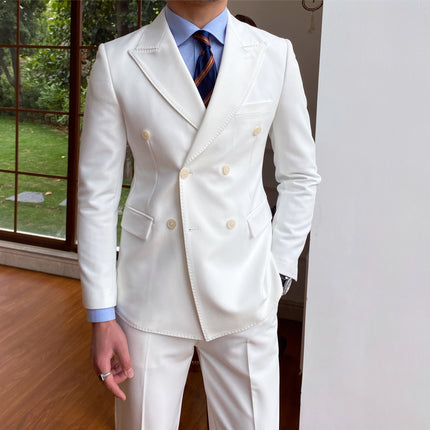 white suit, white men's suit, white wedding suit, black suit, black men's suit, black wedding suit,2 pieces Men‘s Suit Slim Fit Flat Double Breasted Peak Lapel Tuxedo Business Occasions:  Everyday workwear. Business meetings. Social Gatherings:  Parties and events. Weddings. Special Events:  Graduation ceremonies. Award ceremonies. Casual Moments:  Weekend gatherings. Casual dates. Entertainment Events:  Stage performances. Concerts or theaters.
