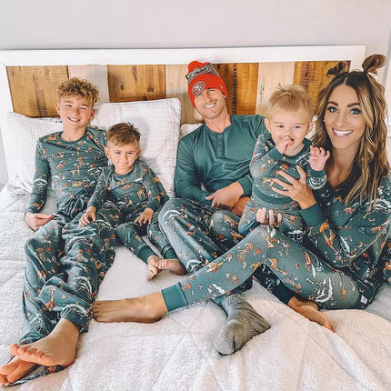 Matching Christmas Family Pajamas Set Green Animal Pattern Print Pajamas