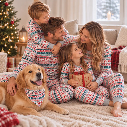 Reindeer and Snowflake Matching Family Christmas Pajamas with Dog Bandana