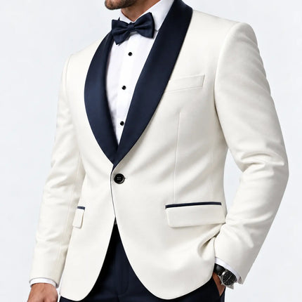 Sweetearing Men's White Tuxedo Blazer with Navy Shawl Lapel – Single-Button Jacket for Weddings & Proms