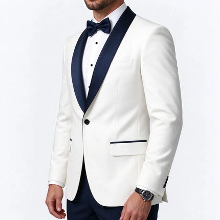 Sweetearing Men's White Tuxedo Blazer with Navy Shawl Lapel – Single-Button Jacket for Weddings & Proms
