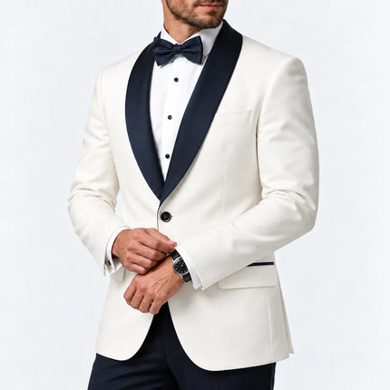 Sweetearing Men's White Tuxedo Blazer with Navy Shawl Lapel – Single-Button Jacket for Weddings & Proms
