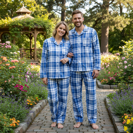 Matching Family Sleepwear Blue White Plaid Christmas Pajamas Set