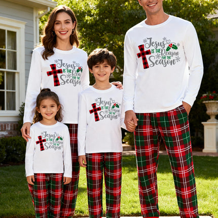 Christmas "Jesus is the Reason of the Season" Letter Print Patterned White Long Sleeve with White&Red&Green Plaid Pants Family Matching Pajamas