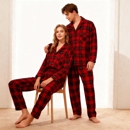 Matching Christmas Family Pajamas Red and White Plaid Up Long-sleeve Pajamas Sets