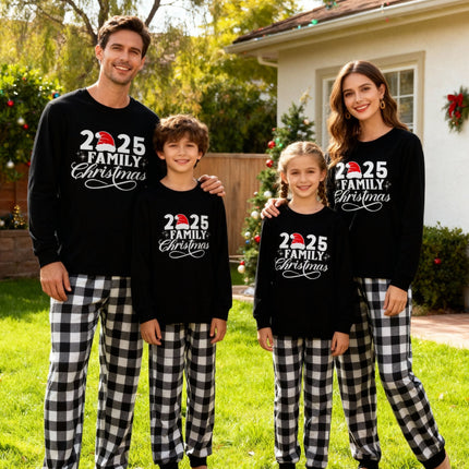 "2025 Family Christmas" Letter Print Black Long Sleeve Top with Black And White Plaid Pants Family Matching Pajamas